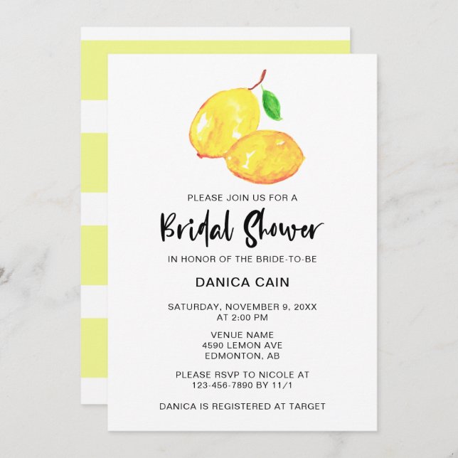 Lemon Bridal Shower Elegant Minimalist simple Invitation (Front/Back)