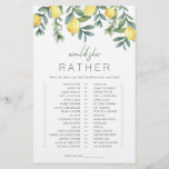 Lemon Bridal Shower Game Would she rather<br><div class="desc">Would she rather bridal shower game. Have guests select what they think the bride would pick. There is also an option to customize the template with your own would you rather questions</div>