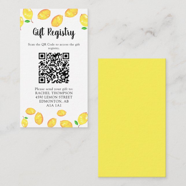 Lemon Bridal Shower Gift Registry QR Code Enclosure Card (Front/Back)