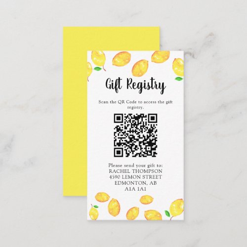 Lemon Bridal Shower Gift Registry QR Code Enclosure Card