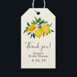 Lemon Bridal Shower Gift Tag, Thank you Gift Tags<br><div class="desc">A great gift tag for a bridal shower featuring watercolor painted yellow lemons and green leaves, accented with dainty white flowers. The background is a very light yellow striped design.Use the template form to add your custom text. The "customize further" feature can be used to access the advanced font, color...</div>