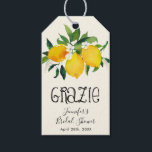 Lemon Bridal Shower, Grazie Gift Tags<br><div class="desc">A great favor tag for a bridal shower featuring watercolor painted yellow lemons and green leaves, accented with dainty white flowers. The background is a very light yellow striped design.Use the template form to add your custom text. The "customize further" feature can be used to access the advanced font, color...</div>