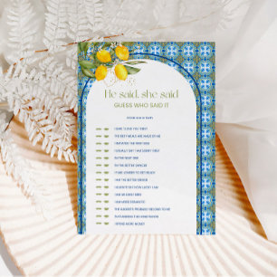 Lemon Bridal Shower He Said She Said Game Card