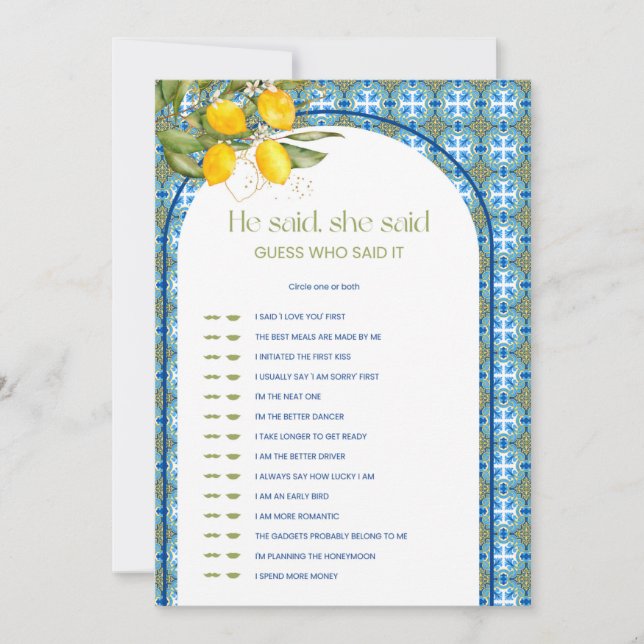  Lemon Bridal Shower He Said She Said Game Card (Front)