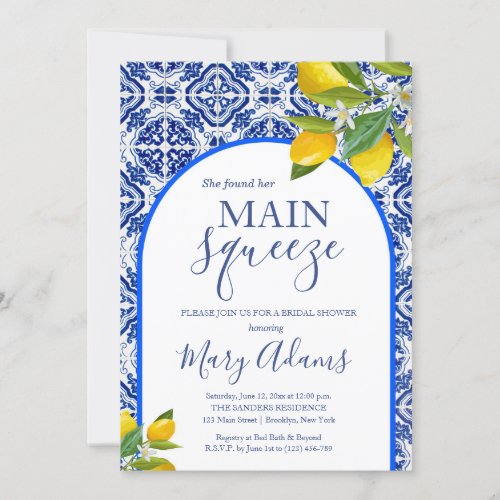 Lemon Bridal Shower Invitation Blue Tile Italian  Invitation