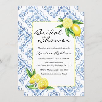 Lemon Bridal Shower Invitation, Blue Tile Italian Invitation | Zazzle