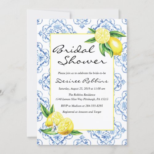 Lemon Bridal Shower Invitation Blue Tile Italian  Invitation