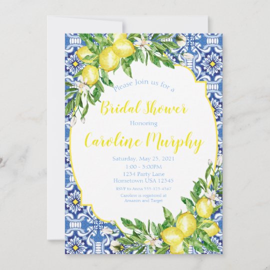 Lemon Bridal Shower Invitation, Blue Tile Italian Invitation | Zazzle.com