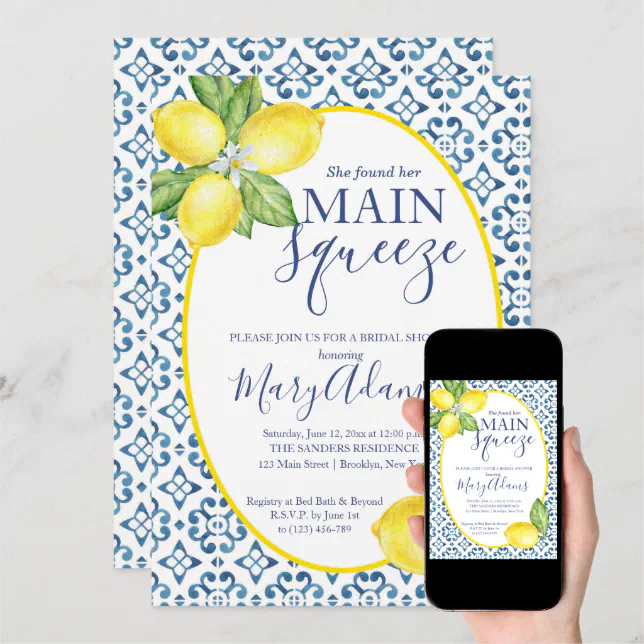 Lemon Bridal Shower Invitation, Blue Tile Italian Invitation | Zazzle