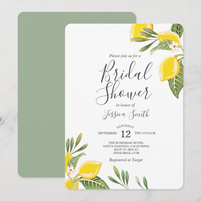 Lemon Bridal Shower Invitation Bohemian Citrus (Front/Back)