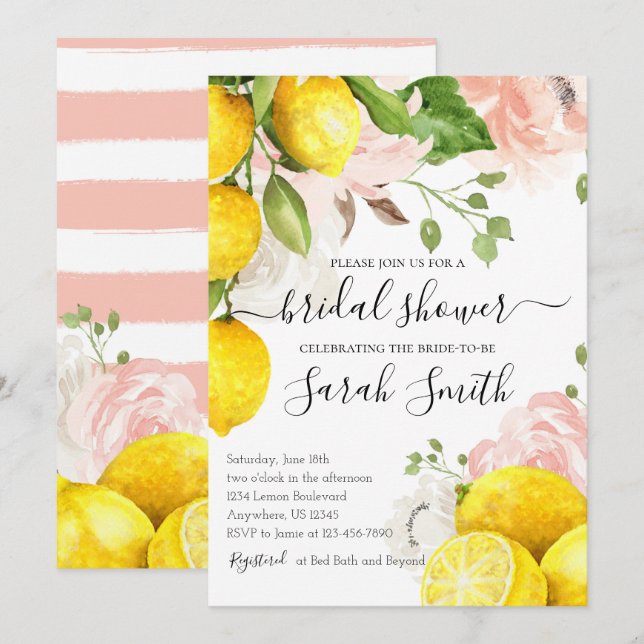 Lemon Bridal Shower Invitation with Pink Flowers (Front/Back)