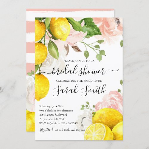 Lemon Bridal Shower Invitation with Pink Flowers