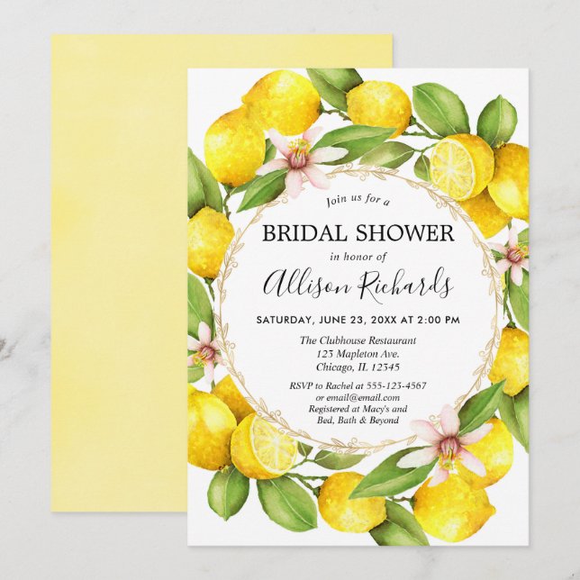 Lemon bridal shower, lemons greenery watercolor invitation (Front/Back)