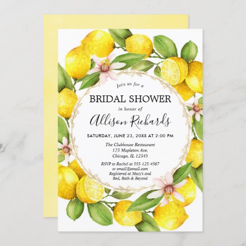 Lemon bridal shower lemons greenery watercolor invitation