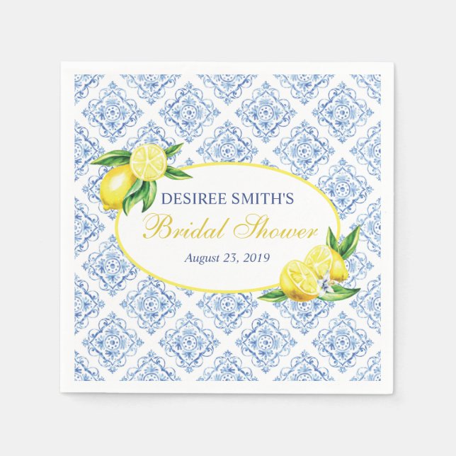 Lemon Bridal Shower Napkins, Blue Tile Napkins (Front)