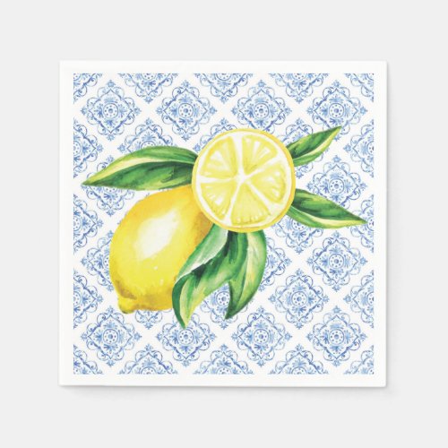 Lemon Bridal Shower Napkins Blue Tile Napkins
