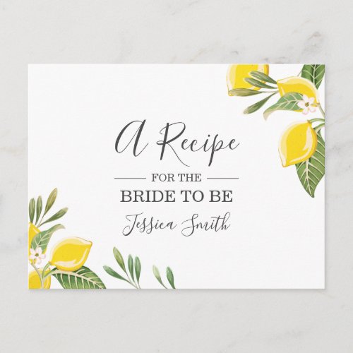 Lemon Bridal Shower Recipe Card Citrus Rustic Boho