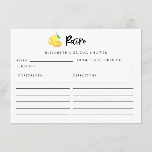 Lemon Bridal Shower Recipe Card Elegant Minimal