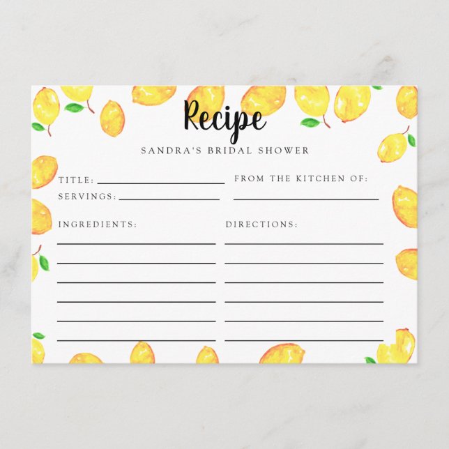 Lemon Bridal Shower Recipe Card Main Squeeze (Front)