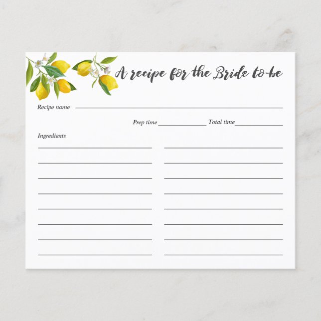 Lemon Bridal Shower Recipe Cards (Front)