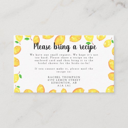 Lemon Bridal Shower Recipe Request Card 