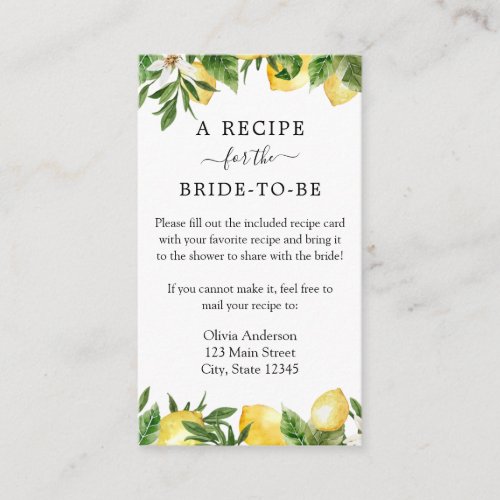 Lemon Bridal Shower Recipe Request Enclosure Card
