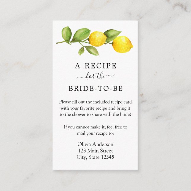 Lemon Bridal Shower Recipe Request  Enclosure Card (Front)