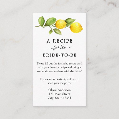 Lemon Bridal Shower Recipe Request  Enclosure Card