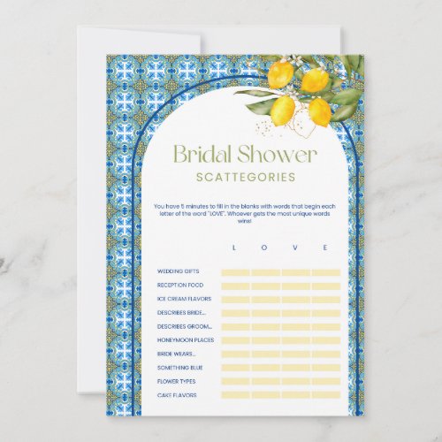 Lemon Bridal Shower Scattegories Game Card