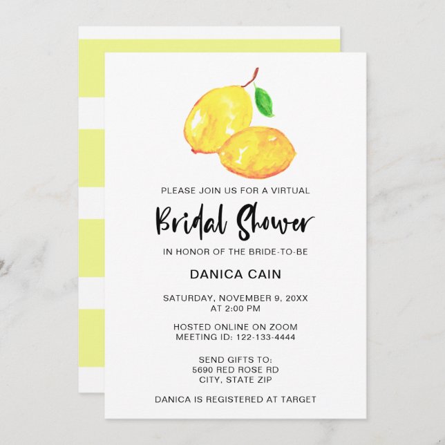 Lemon Bridal Shower virtual online Elegant  simple Invitation (Front/Back)