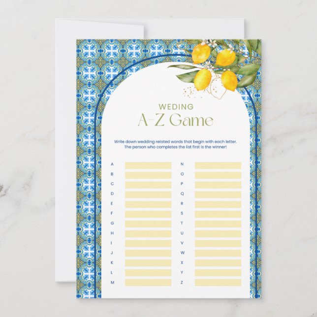 Lemon Bridal Shower Wedding A-Z Game Card (Front)