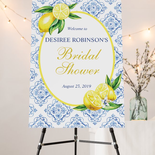 Lemon Bridal Shower Welcome Sign Blue Tile Italian (In Situ (Stand))