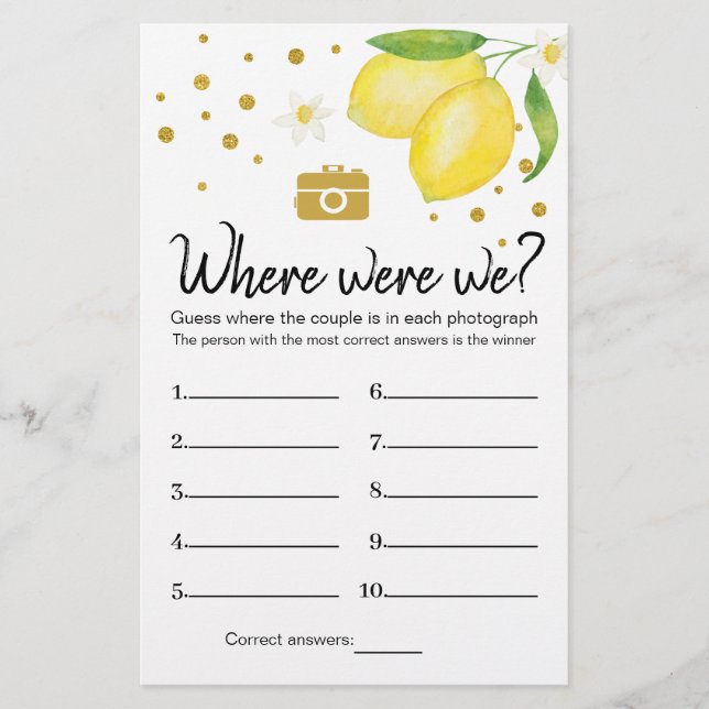 Lemon Bridal Shower Where Were We Game Card Flyer (Front)