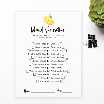 Lemon Bridal Shower Would She Rather Game Script by KristineLeeDesigns at Zazzle