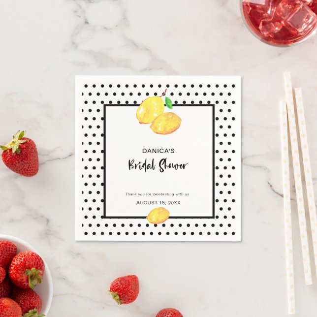 Lemon Bridal Shower Yellow Black Polka Dots cute Napkins (Insitu)