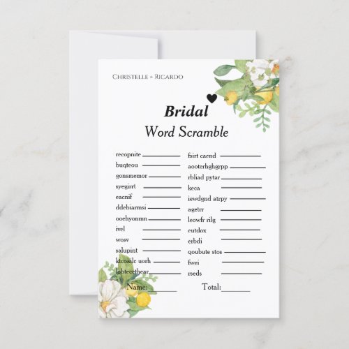 Lemon Bridal word scramble bridal shower game card