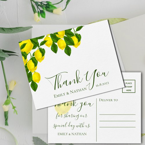 Lemon Bright Yellow Cute Citrus Wedding Thank You Postcard