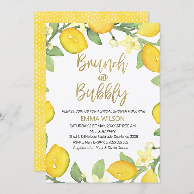 Lemon brunch and bubbly bridal shower invitation (Front/Back)
