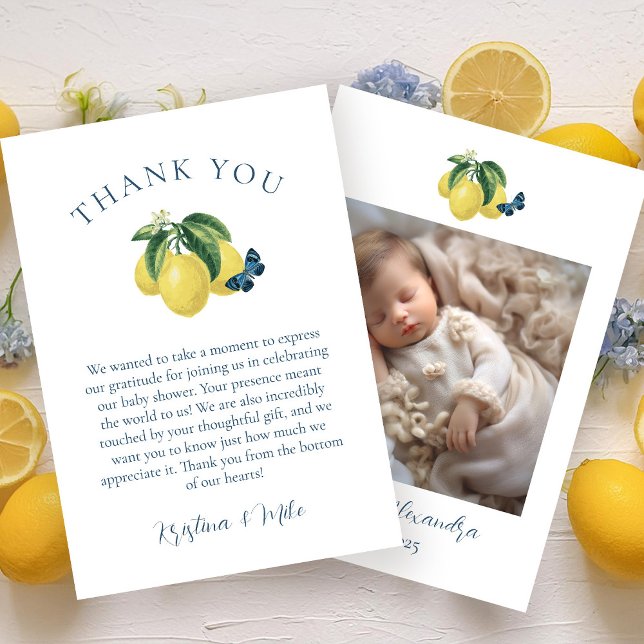 Lemon Butterfly Photo Baby Shower Thank You Card (Creator Uploaded)