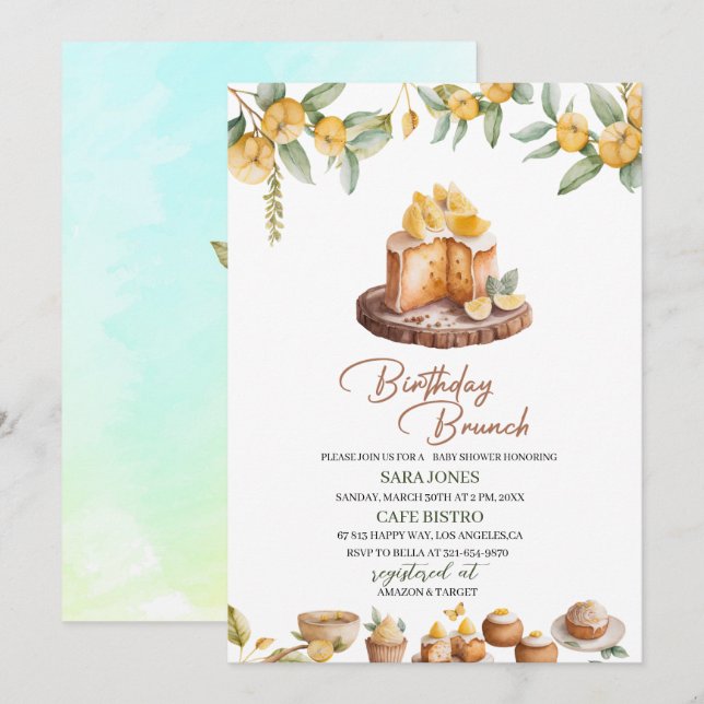 Lemon Cakes Watercolor Birthday Brunch Invitation (Front/Back)