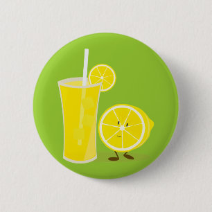 Lemon character standing next to lemonade button