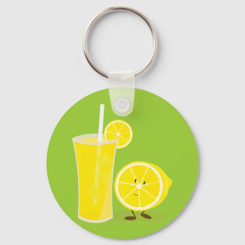 Lemon character standing next to lemonade keychain