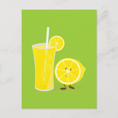 Lemon character standing next to lemonade postcard