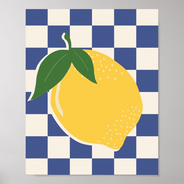Lemon Checkerboard Retro Fruit Blue Poster (Front)