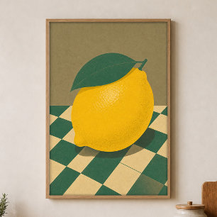 Lemon Checkerboard Watercolour Cottagecore Poster