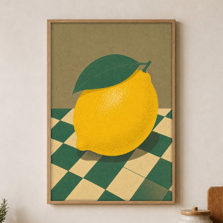 Lemon Checkerboard Watercolour Cottagecore Poster