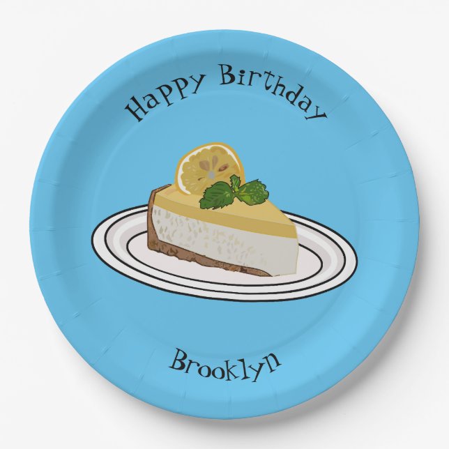 Lemon cheesecake cartoon illustration paper plates (Front)