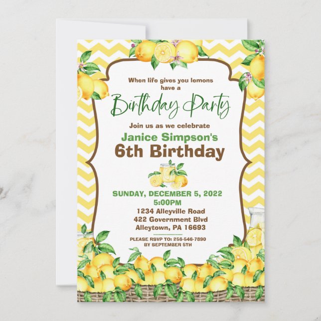 Lemon Chevron Birthday Invitation (Front)