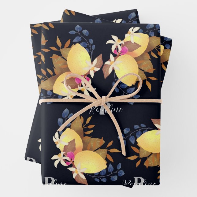 Lemon Chic Monogram Black Wrapping Paper Sheets (In situ)