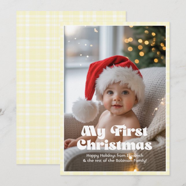 Lemon Chiffon Gingham My First Christmas Baby Holiday Card (Front/Back)